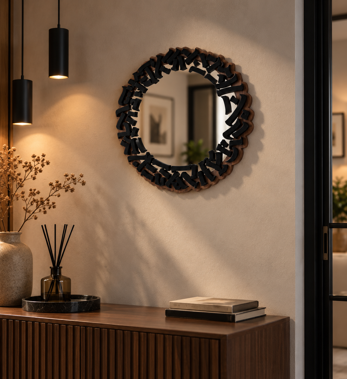 Specchio MIRROR con cornice calligrafica nera appeso sopra una consolle in legno in un ambiente contemporaneo.