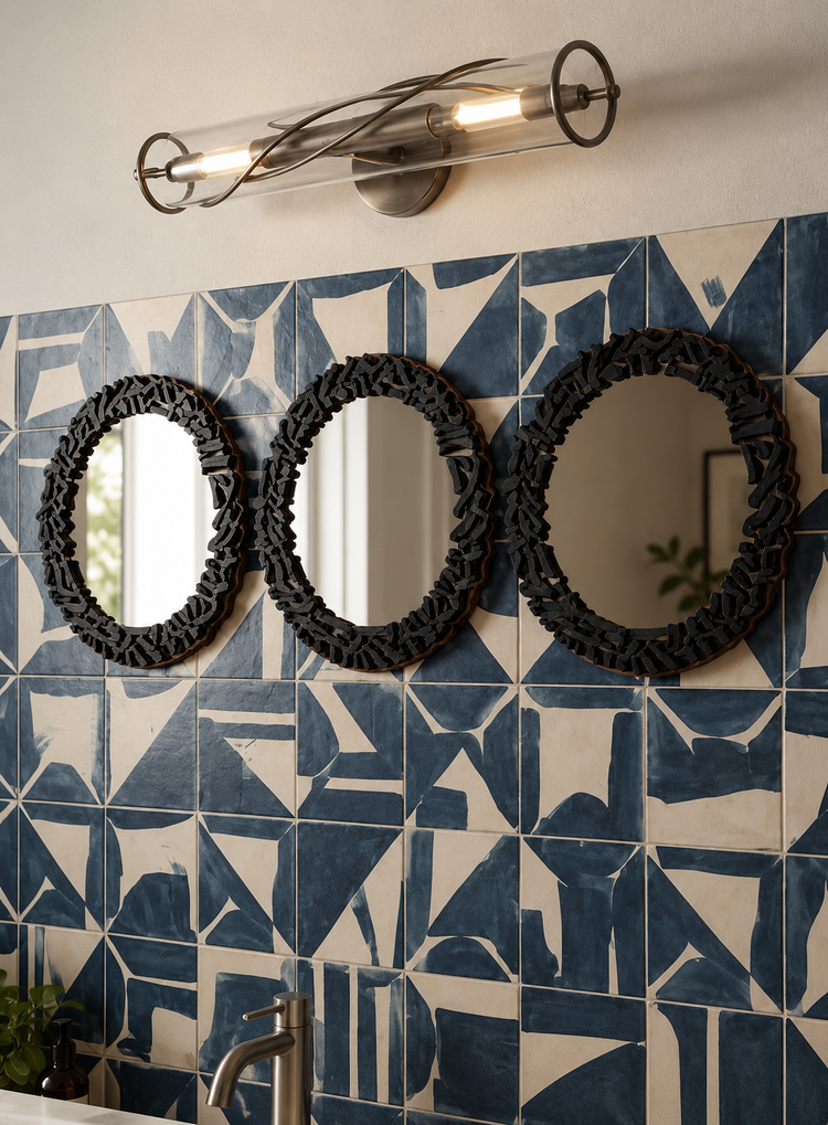 Tre specchi decorativi MIRROR con cornice calligrafica nera appesi su una parete con piastrelle geometriche blu.