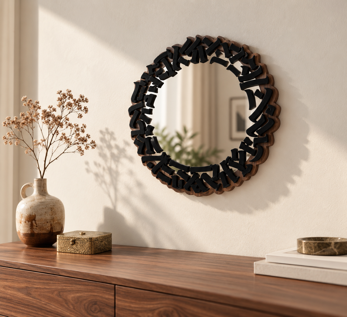 Specchio MIRROR della capsule CALLIGRAPHY con cornice nera tridimensionale e base in legno di noce, appeso a una parete chiara sopra una consolle.